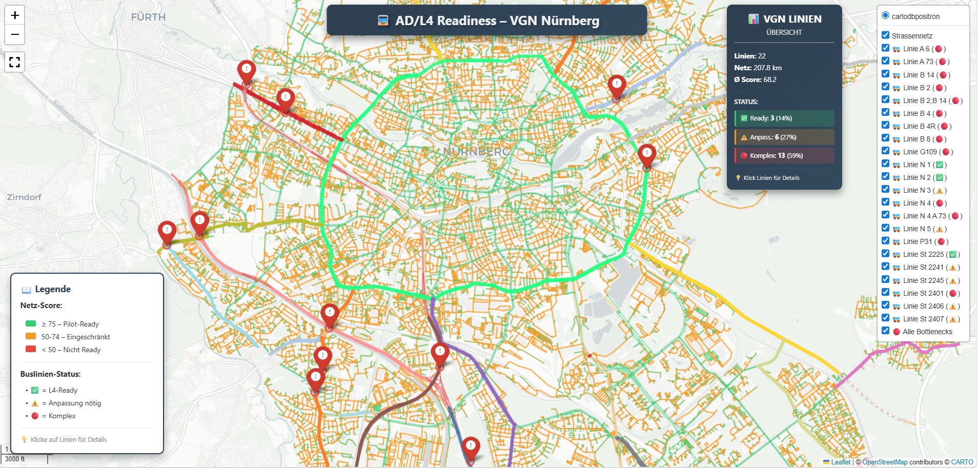 VGN Buslinienanalyse im Straßennetz Nürnberg